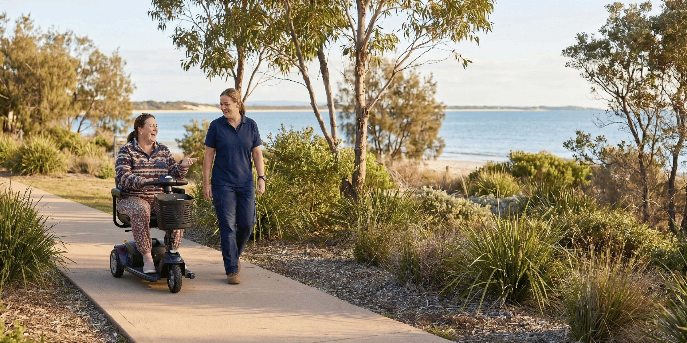 NDIS participant using a mobility scooter with a support worker near the Moreton Bay waterfront